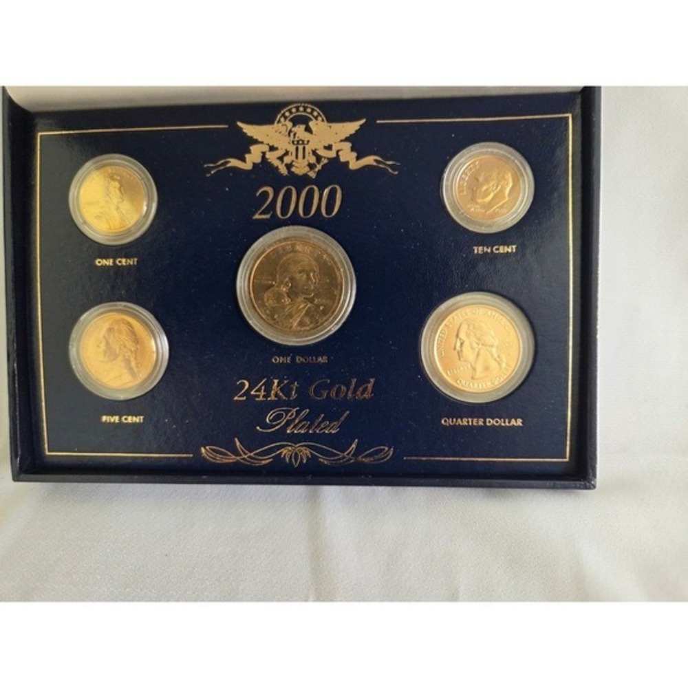 2000 US 24Kt Gold Plated 5-Coin Set Sacagawea Dollar State Quarter Proof Case